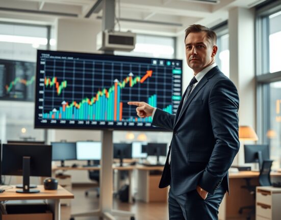 Financial analyst reviewing Bitcoin price chart on a large digital display in a modern newsroom