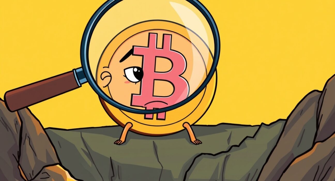 A cartoon Bitcoin coin at a critical low point on a chart, representing the oversold Bitcoin weekly RSI.