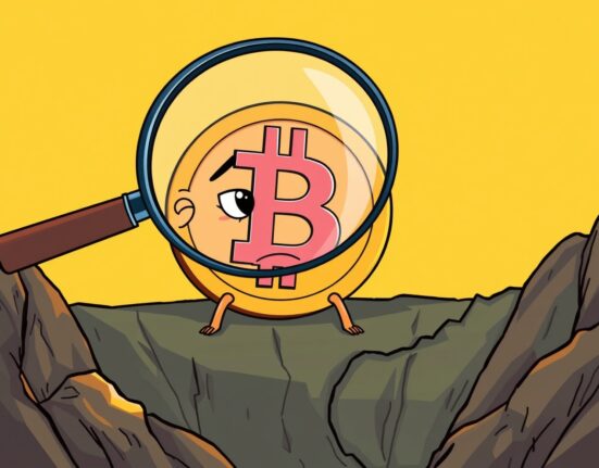 A cartoon Bitcoin coin at a critical low point on a chart, representing the oversold Bitcoin weekly RSI.