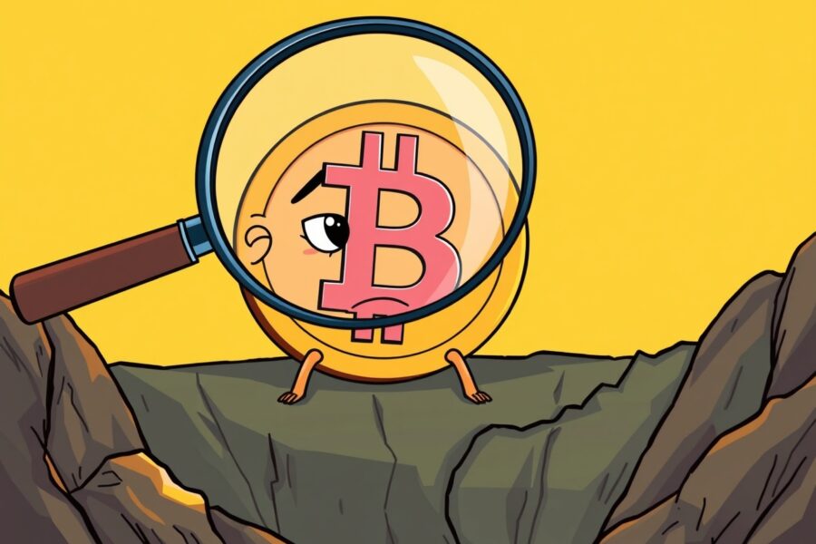 A cartoon Bitcoin coin at a critical low point on a chart, representing the oversold Bitcoin weekly RSI.