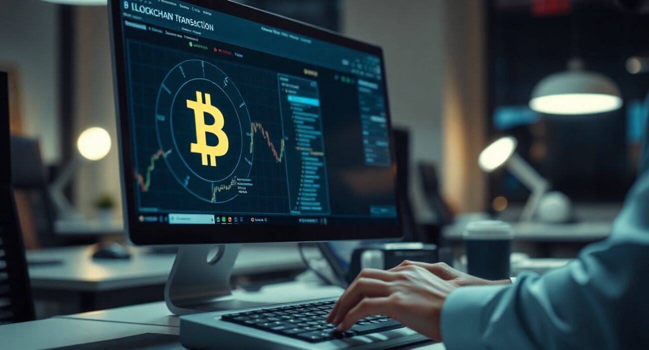 Bitcoin whale transaction on a computer screen with a Bitcoin symbol