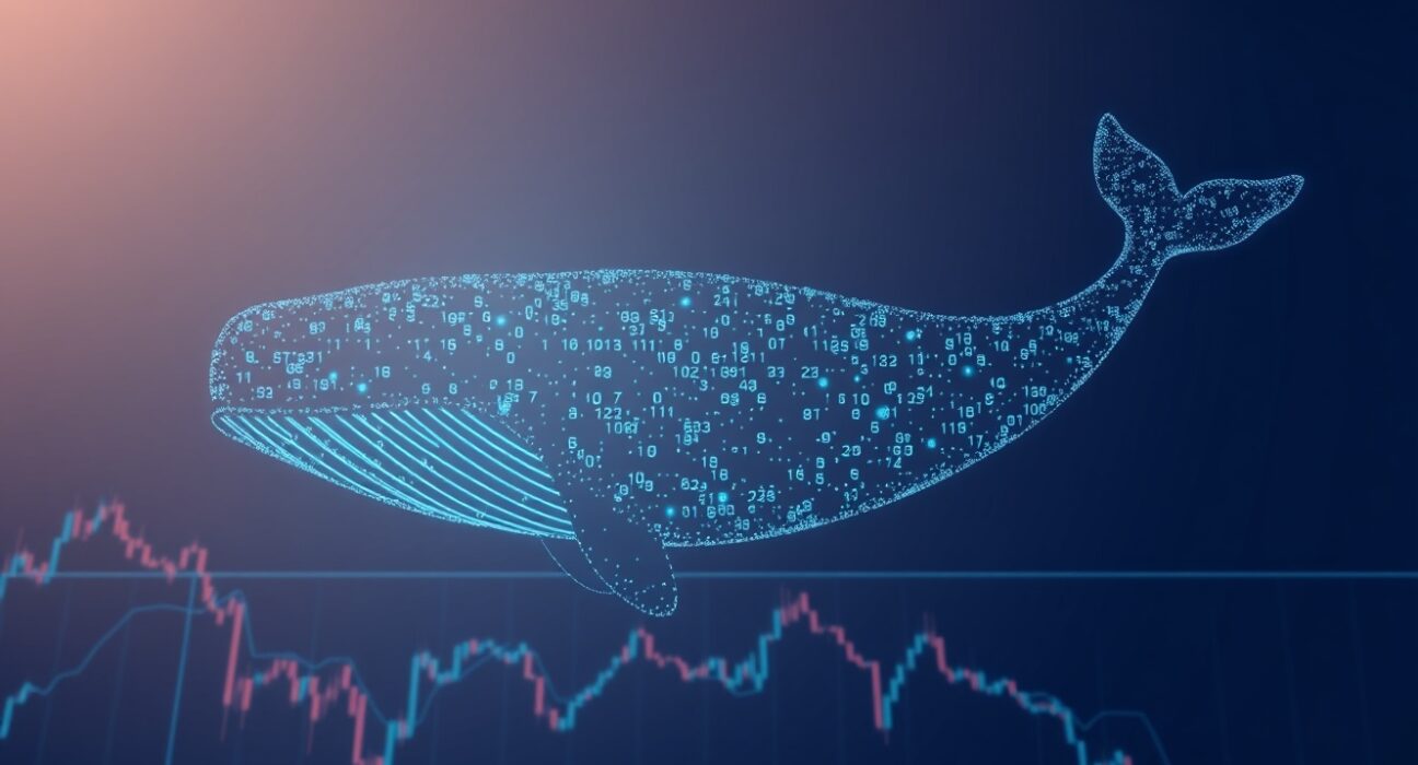 A Bitcoin whale transaction causing a significant market impact as a digital whale moves through financial charts.