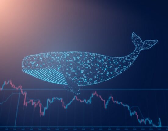 A Bitcoin whale transaction causing a significant market impact as a digital whale moves through financial charts.