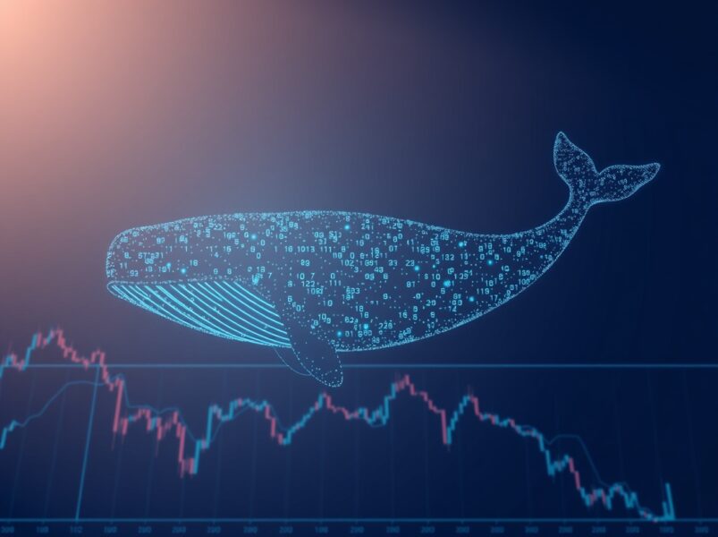 A Bitcoin whale transaction causing a significant market impact as a digital whale moves through financial charts.
