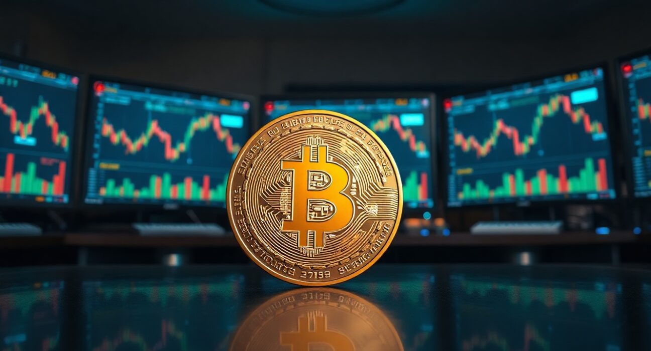 Bitcoin coin on reflective surface with trading charts in background, symbolizing whale transaction