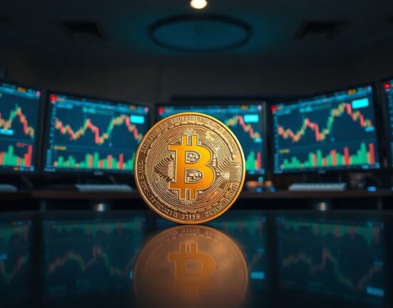 Bitcoin coin on reflective surface with trading charts in background, symbolizing whale transaction