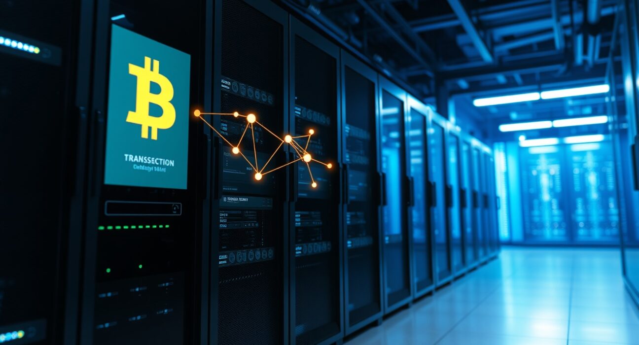 A large Bitcoin transaction visualized on a server display in a secure data center, representing a major cryptocurrency market movement.