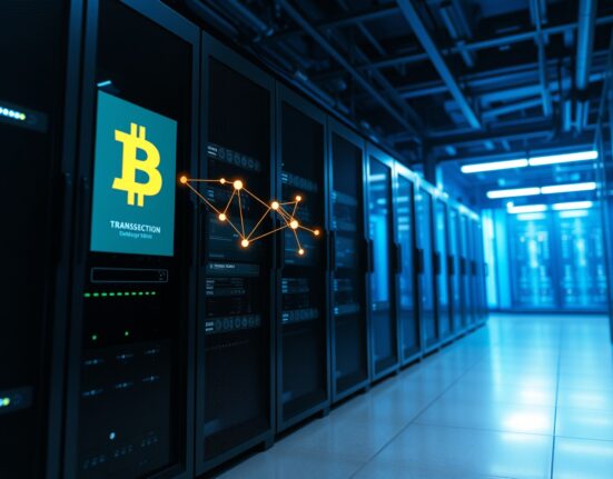 A large Bitcoin transaction visualized on a server display in a secure data center, representing a major cryptocurrency market movement.