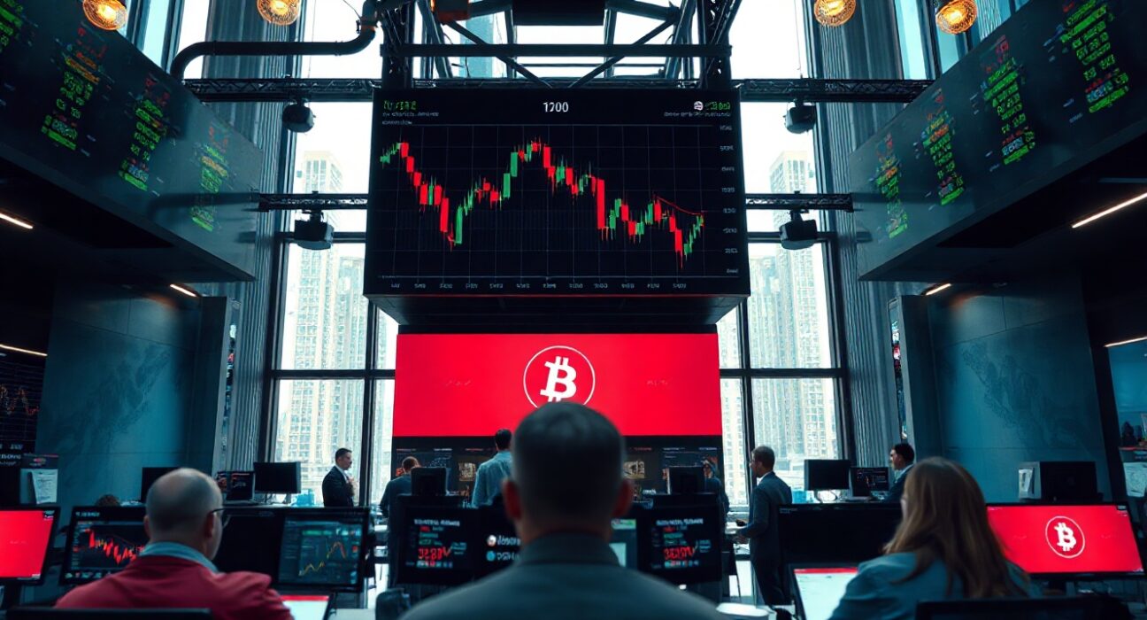 Bitcoin price chart on a trading screen showing a rebound, with a trader in the foreground.