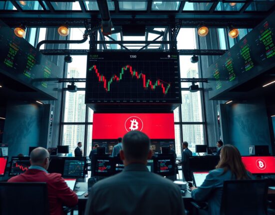 Bitcoin price chart on a trading screen showing a rebound, with a trader in the foreground.