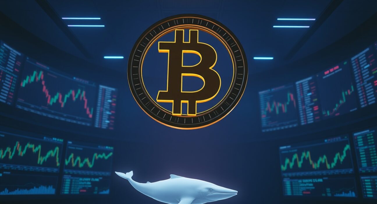 Bitcoin whale transaction visualization with digital trading interface and blockchain network