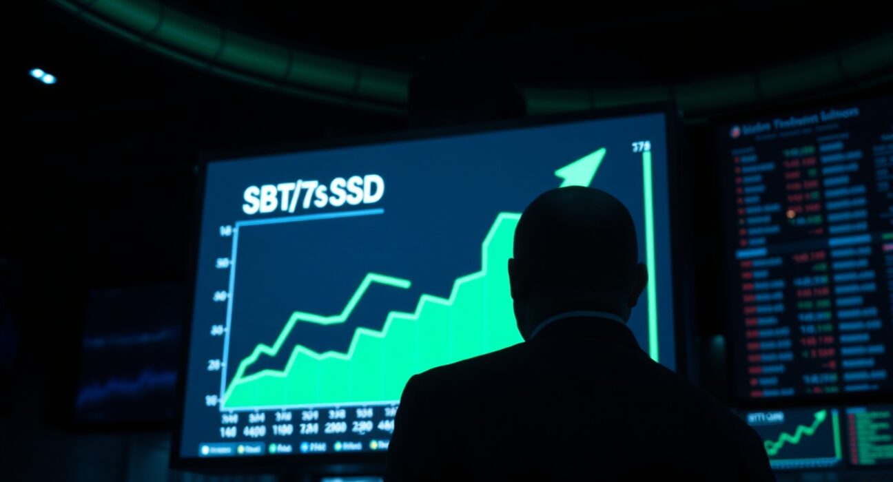 A Bitcoin trading screen with a green upward chart and a silhouette of a trader observing the market.