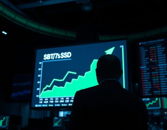 A Bitcoin trading screen with a green upward chart and a silhouette of a trader observing the market.
