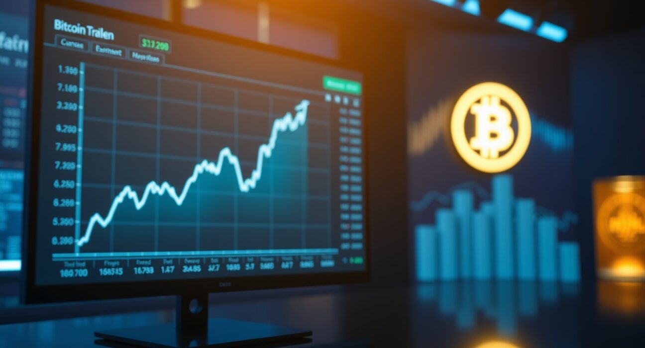 Bitcoin price chart with upward trend on a professional trading screen in a dimly lit newsroom