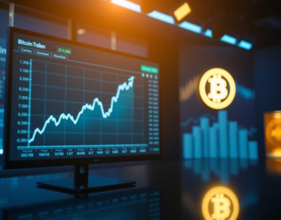 Bitcoin price chart with upward trend on a professional trading screen in a dimly lit newsroom