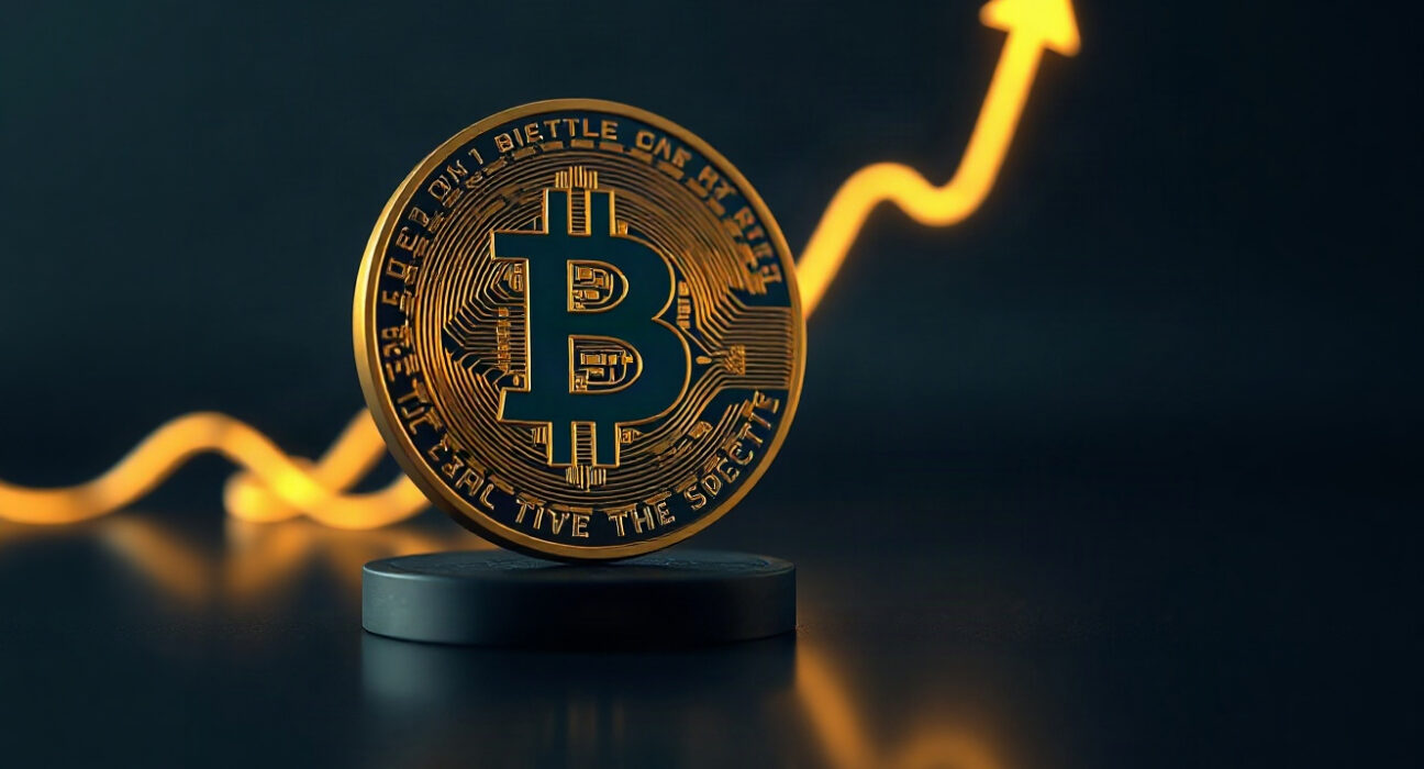 Bitcoin coin on reflective surface with a subtle growth chart in the background, symbolizing whale accumulation