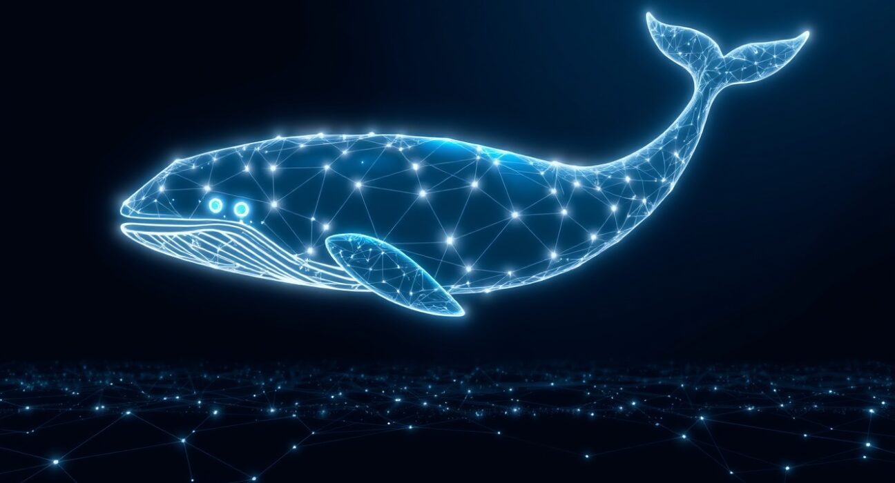 Conceptual image of a Bitcoin whale accumulation represented through blockchain network visualization.