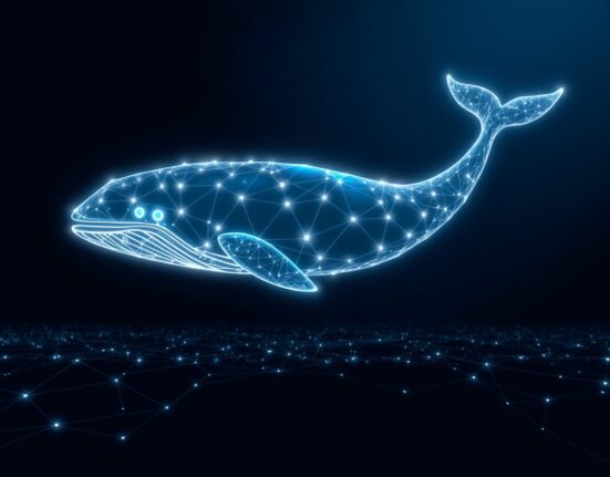 Conceptual image of a Bitcoin whale accumulation represented through blockchain network visualization.