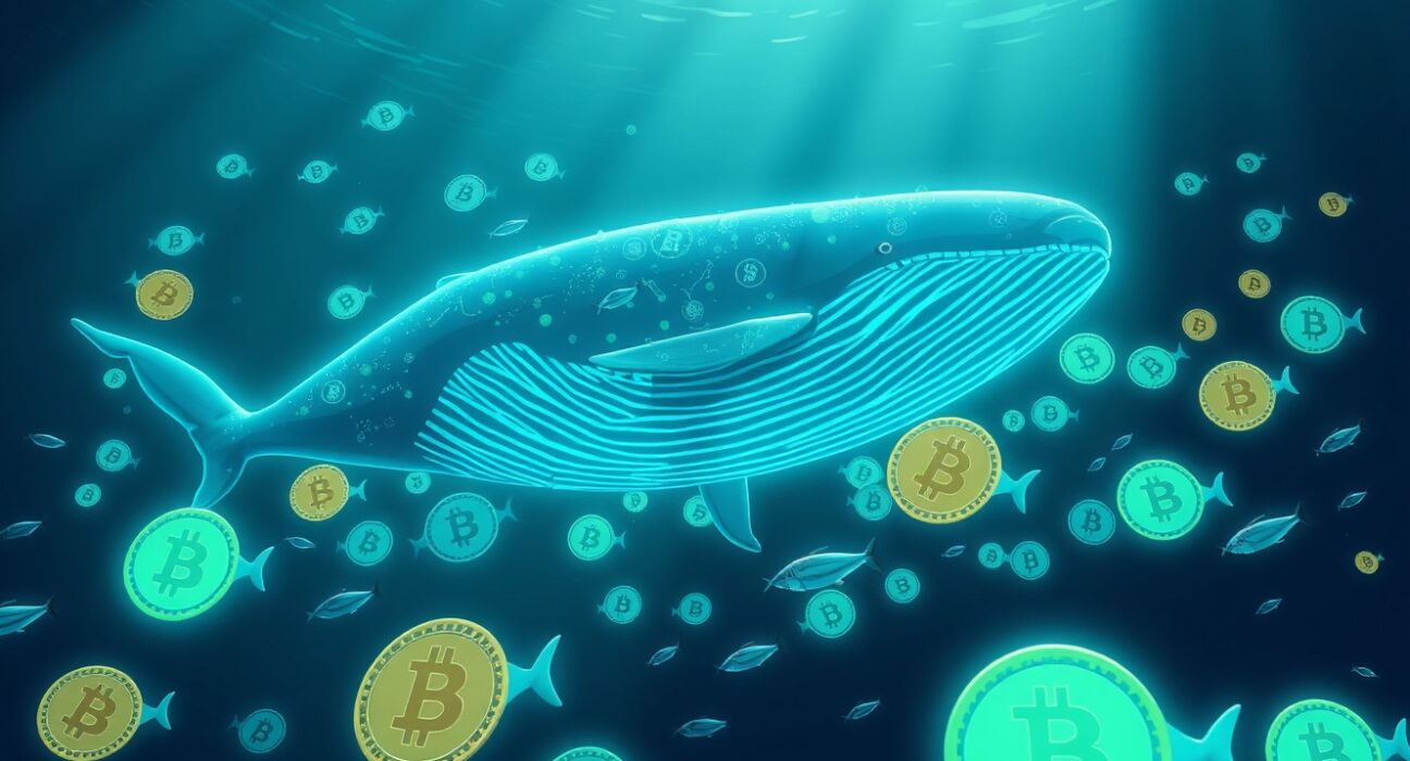 Bitcoin whale accumulation visualized as a large whale swimming through a sea of Bitcoin symbols, representing on-chain data from Santiment.