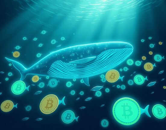 Bitcoin whale accumulation visualized as a large whale swimming through a sea of Bitcoin symbols, representing on-chain data from Santiment.