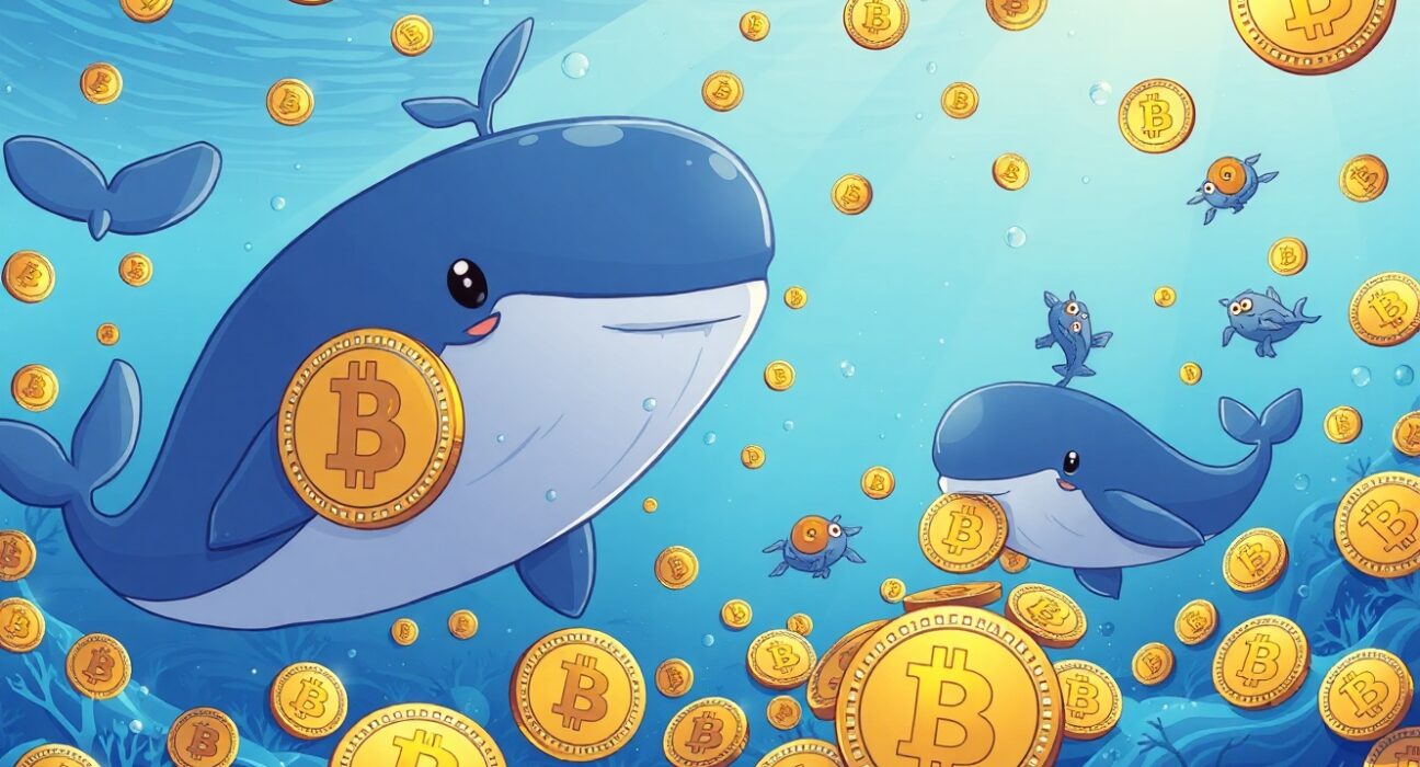 Bitcoin whale accumulation shown through cartoon whales collecting BTC coins in vibrant underwater scene