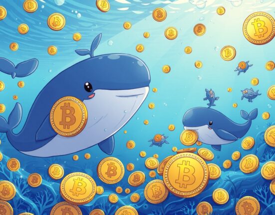 Bitcoin whale accumulation shown through cartoon whales collecting BTC coins in vibrant underwater scene
