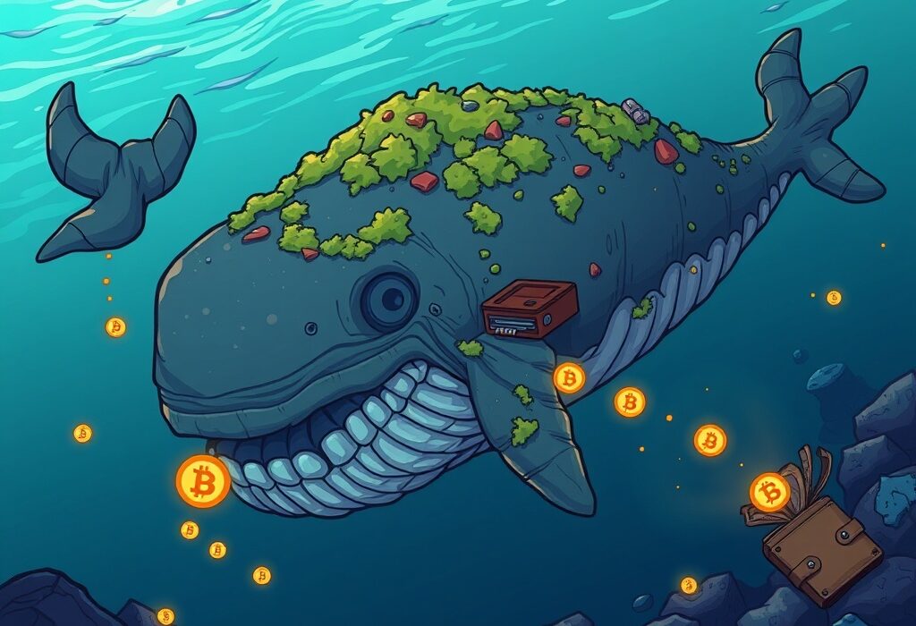 Cartoon illustration of a colossal, dormant whale waking up, symbolizing significant Bitcoin whale activity after a long period of inactivity.