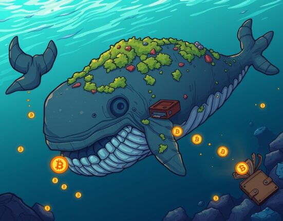 Cartoon illustration of a colossal, dormant whale waking up, symbolizing significant Bitcoin whale activity after a long period of inactivity.