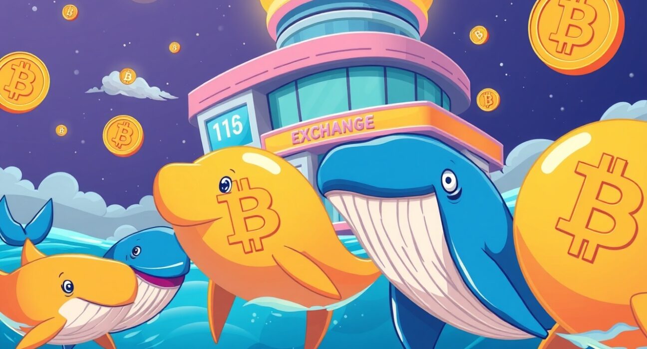 Bitcoin whale activity depicted through cartoon whales moving toward cryptocurrency exchange