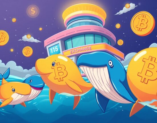 Bitcoin whale activity depicted through cartoon whales moving toward cryptocurrency exchange