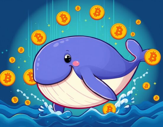 Bitcoin whale activity showing large cryptocurrency transfer in cartoon illustration
