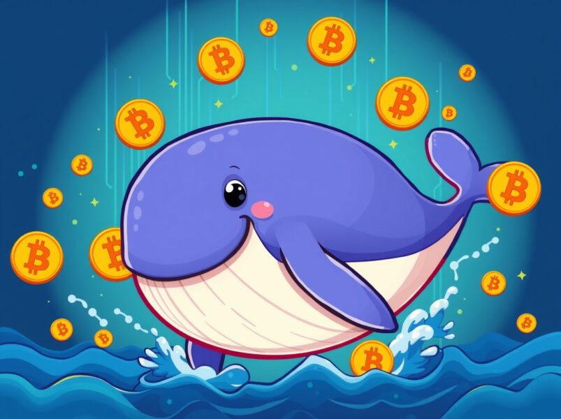 Bitcoin whale activity showing large cryptocurrency transfer in cartoon illustration