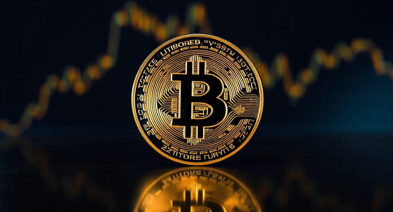Bitcoin coin on reflective surface with subtle financial chart background