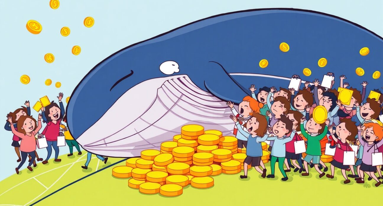 A cartoon illustration showing a large Bitcoin whale resting while smaller retail investors actively gather coins.