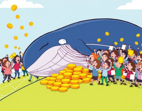 A cartoon illustration showing a large Bitcoin whale resting while smaller retail investors actively gather coins.