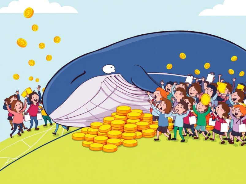 A cartoon illustration showing a large Bitcoin whale resting while smaller retail investors actively gather coins.