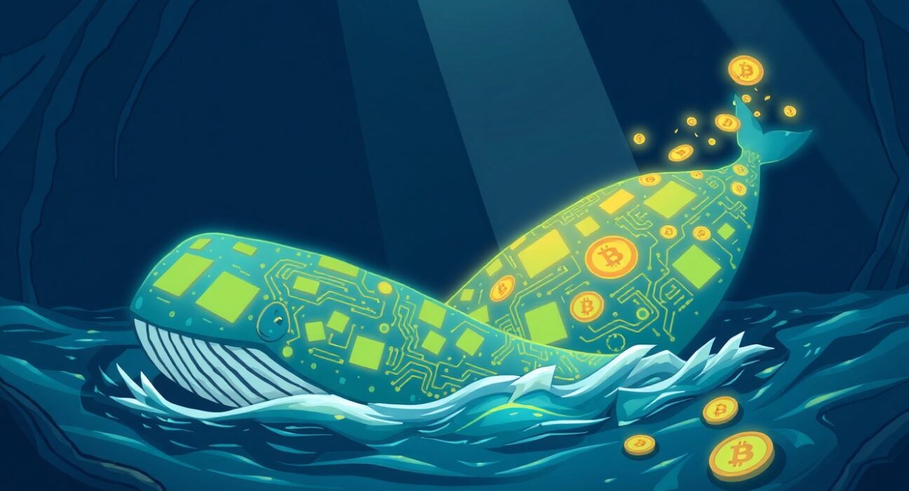 A stunning cartoon illustration of dormant Bitcoin whale addresses awakening and moving a massive treasure.