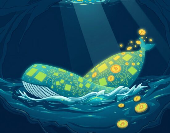 A stunning cartoon illustration of dormant Bitcoin whale addresses awakening and moving a massive treasure.