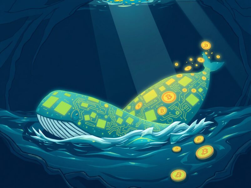 A stunning cartoon illustration of dormant Bitcoin whale addresses awakening and moving a massive treasure.