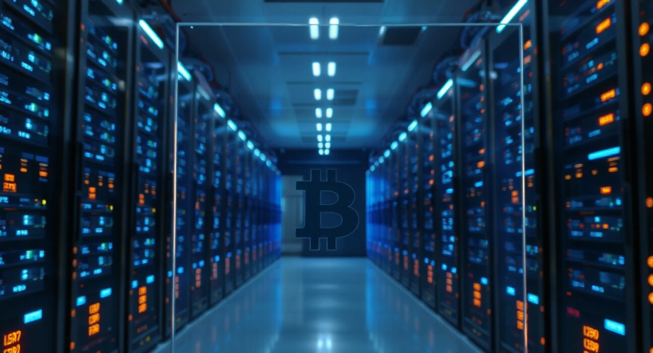 Data center servers with a faint Bitcoin symbol, representing institutional Bitcoin holdings reaching a record high.