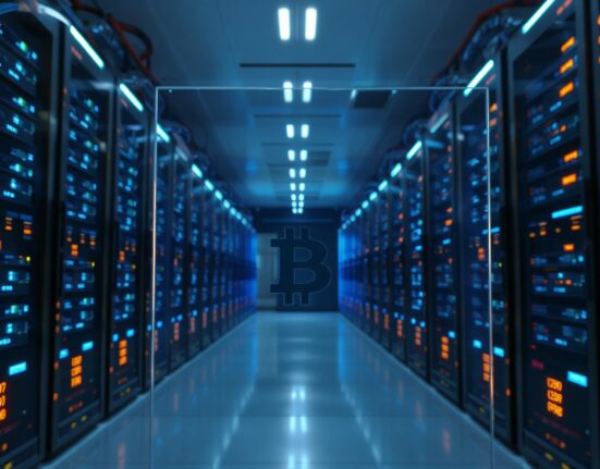Data center servers with a faint Bitcoin symbol, representing institutional Bitcoin holdings reaching a record high.