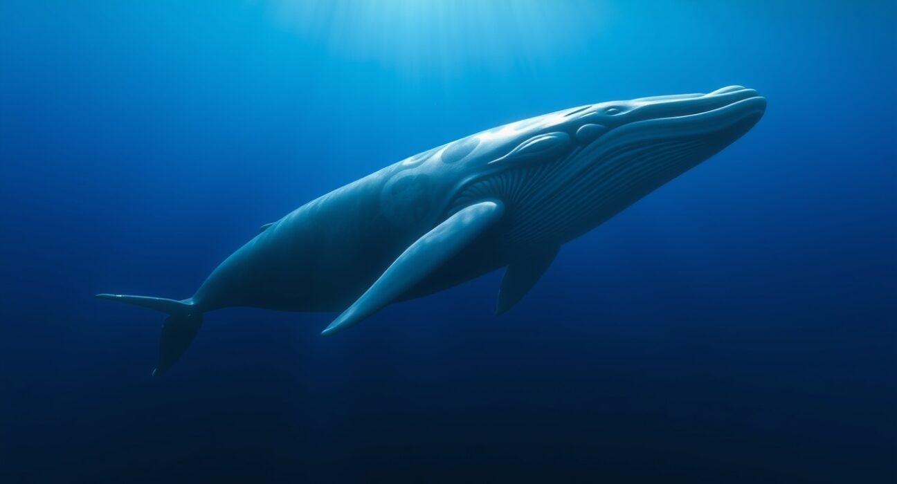 A large whale swimming in deep blue ocean, symbolizing Bitcoin whale investors accumulating BTC.