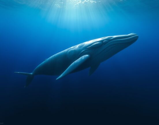 A large whale swimming in deep blue ocean, symbolizing Bitcoin whale investors accumulating BTC.