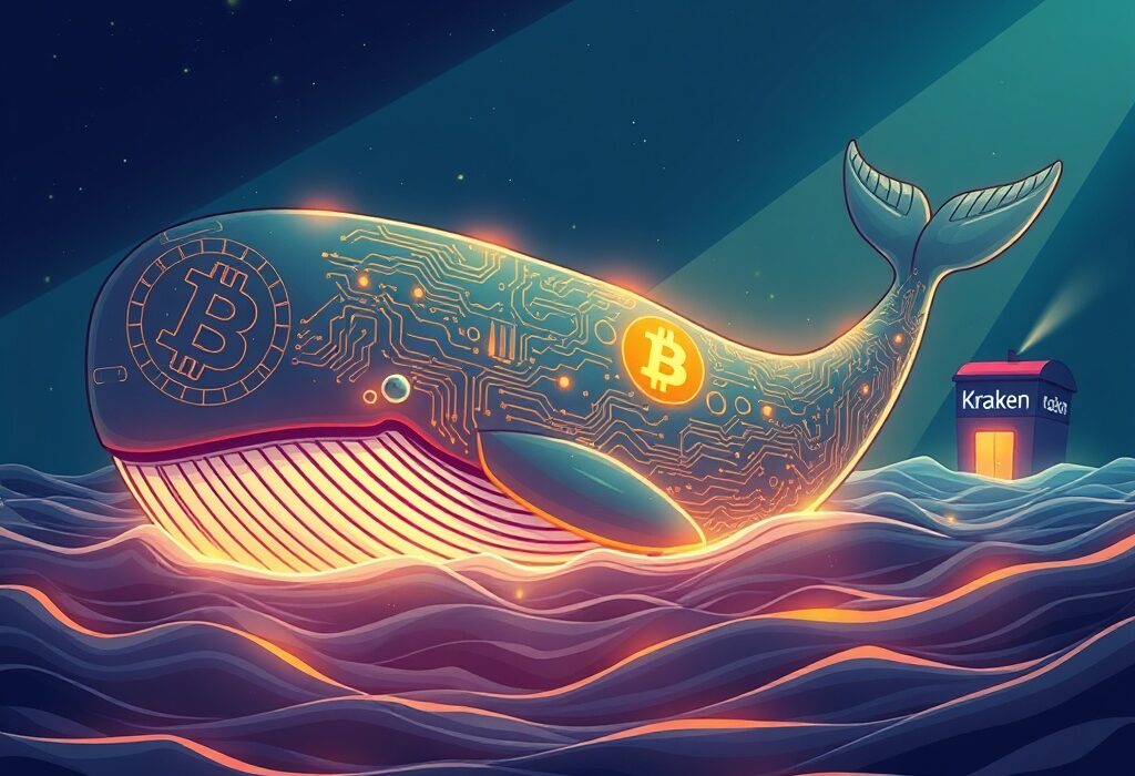 A cartoon illustration of a massive Bitcoin whale surfacing from deep waters, symbolizing a significant Bitcoin whale transaction and immense gains.