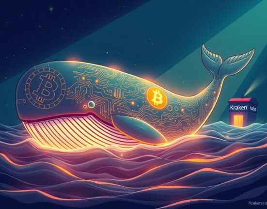 A cartoon illustration of a massive Bitcoin whale surfacing from deep waters, symbolizing a significant Bitcoin whale transaction and immense gains.