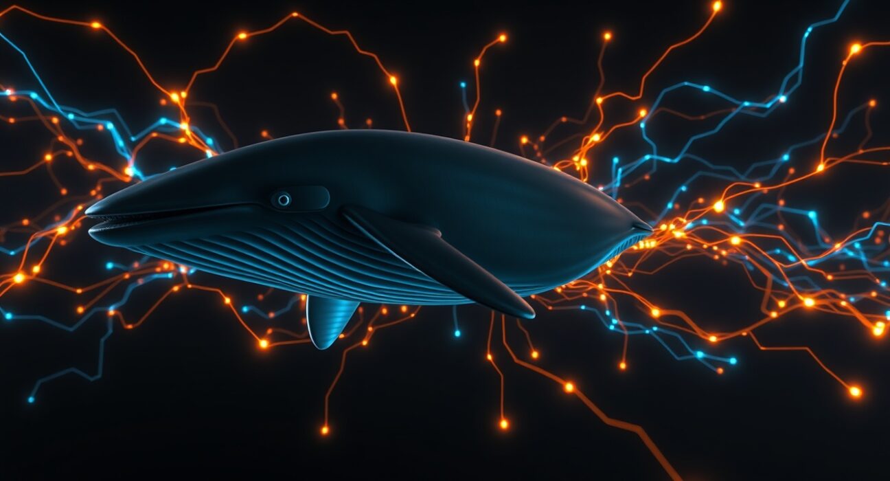 A digital whale swimming through a network of blockchain data streams, symbolizing a large Bitcoin transaction.