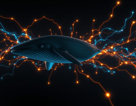 A digital whale swimming through a network of blockchain data streams, symbolizing a large Bitcoin transaction.
