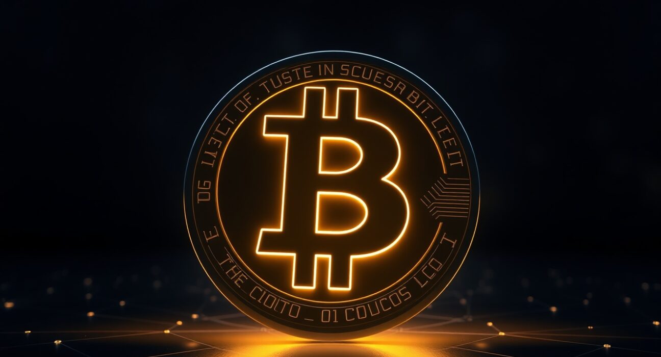 Bitcoin coin glowing against a dark blockchain network background, representing a large cryptocurrency transaction.