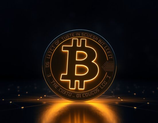 Bitcoin coin glowing against a dark blockchain network background, representing a large cryptocurrency transaction.