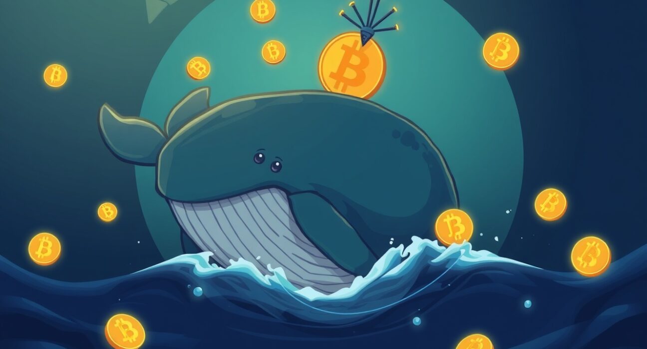 Cartoon illustration of a mysterious Bitcoin whale awakening from a long slumber, symbolizing significant market activity and the return of a dormant investor.